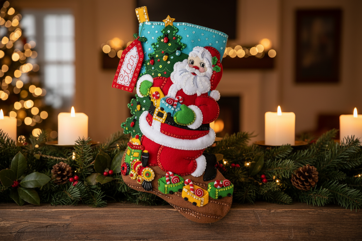 Toy Train Santa Christmas Stocking in festive holiday setting